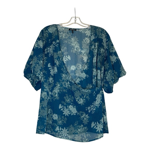 Daisy Fuentes Blue floral sheer blouse Womens 1X short puff sleeves wrap style - Picture 1 of 6